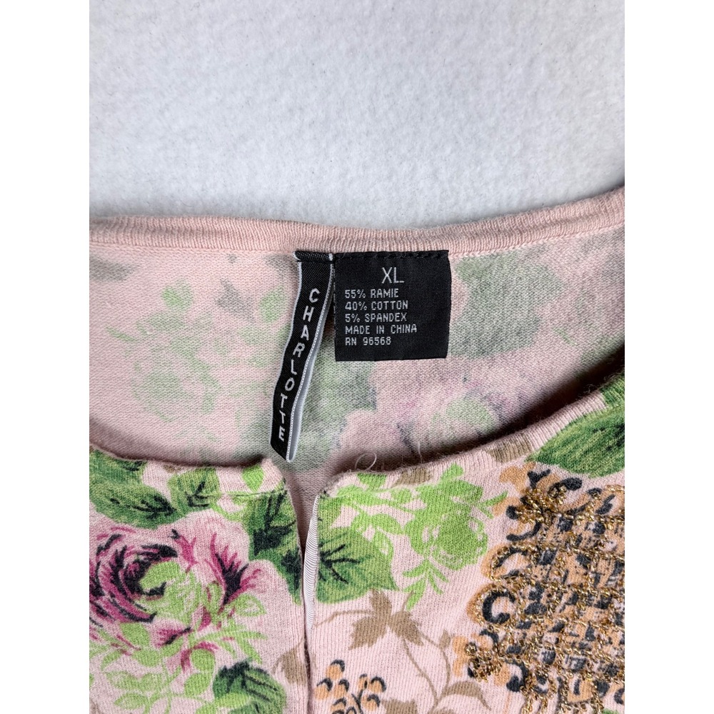 Charlotte Tarantola Floral Beaded Cardigan Pink Rose Knit Sweater XL EUC Retro - Picture 4 of 10